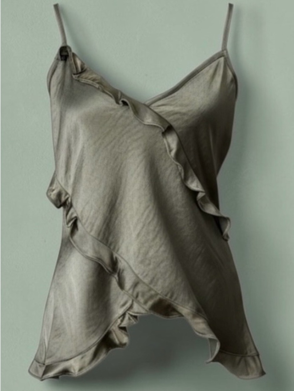 New Melrose and Market Ruffle Olive Green Satin Tank Top Size Medium